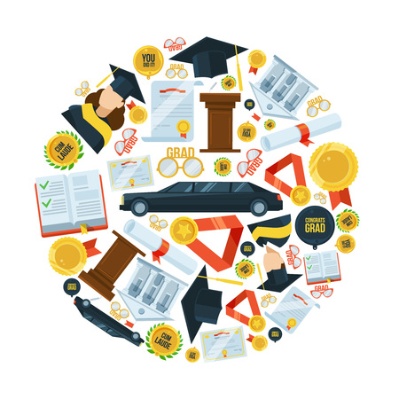Graduation vector icon set in circle shape. Students partyのイラスト素材