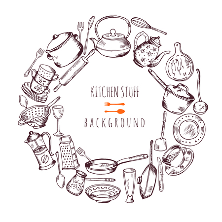 Hand drawn cooking icons in circle shape. Vector line illustrationのイラスト素材