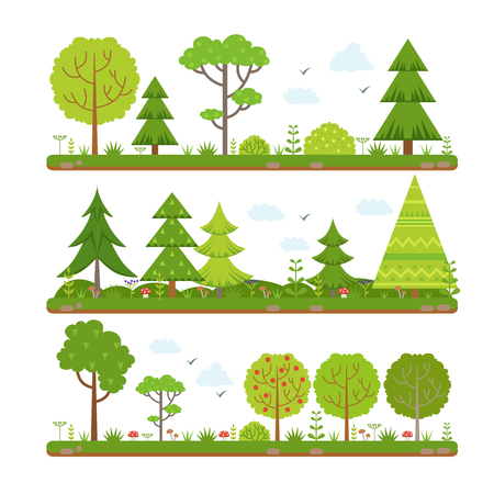 Vector landscape set with forest trees and other floral elementsのイラスト素材