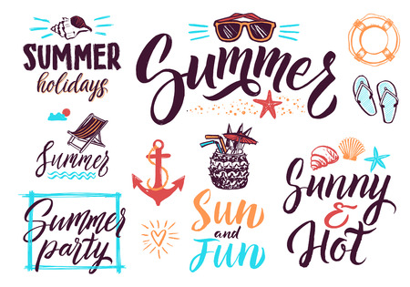 Summer typography lettering decoration for vintage posters or postcards. Vector background pictures setのイラスト素材