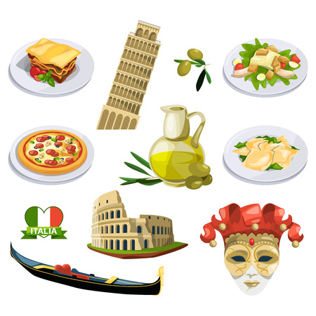 Different traditional elements and symbols of italy, venice. Travel vector illustrations in cartoon styleのイラスト素材