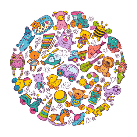 Childrens toys icon set in circle shape. Doodle vector illustrationsのイラスト素材