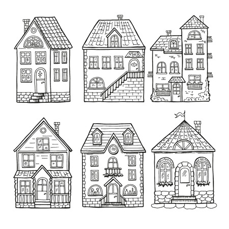 Cute little houses and different roofs. Doodle vector illustration of homeのイラスト素材