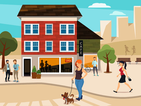 Urban illustration with walking people on the street. Road and buildings. Vector pictureのイラスト素材