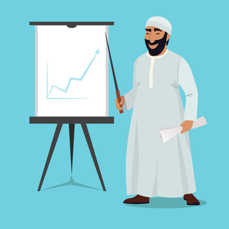 Arab businessman stand and pointing on white boardのイラスト素材