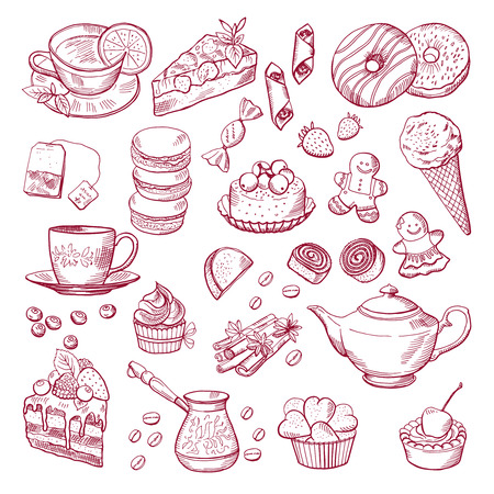 Tea and coffee different elements. Sweets, cupcakes. Hand drawn vector illustrationsのイラスト素材
