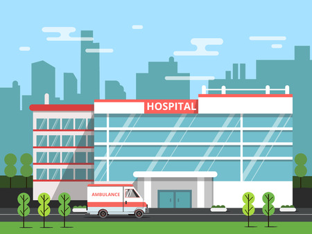 Health center, exterior of hospital building. Ambulance vector illustrationのイラスト素材