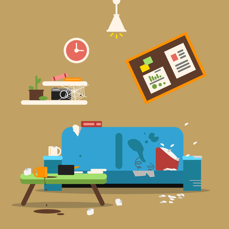 Sofa in dirty organized apartment. Different trashes in room. Flat style vector illustrationのイラスト素材