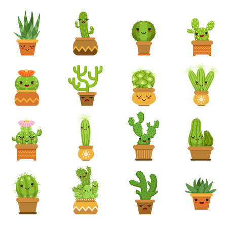 Cute desert plants. Cactus in pots, vector cartoon mascot with different emotionsのイラスト素材