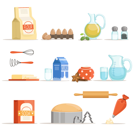 Different food ingredients for baking and cooking. Vector illustration in cartoon styleのイラスト素材