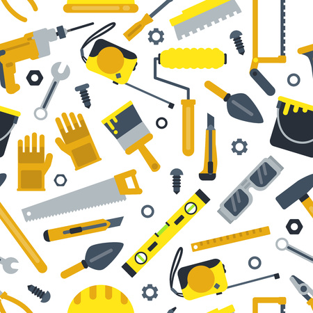 Illustrations for work shop. Different construction tools. Repair set. Vector seamless pattern in flat styleのイラスト素材