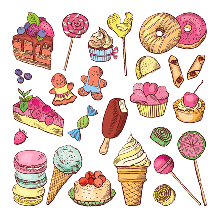 Wedding desserts, sweets cupcakes and ice cream in hand drawn style. Coloring doodle vector collectionのイラスト素材