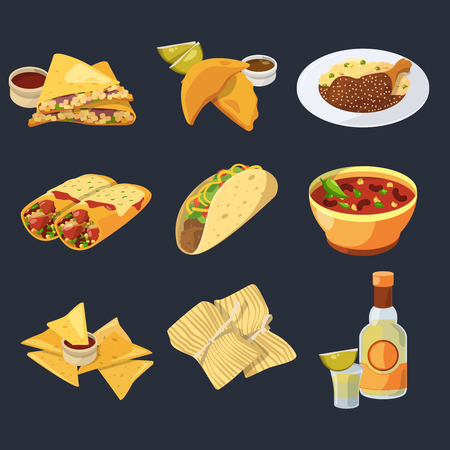 Different mexican foods in cartoon style. Traditional cuisine. Chicken, tacos and tequila vector illustrationsのイラスト素材
