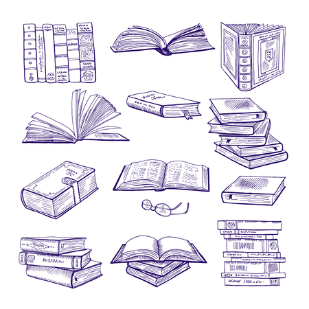 Set of different books. Hand drawn vector sketch. Doodle illustrations isolate on whiteのイラスト素材