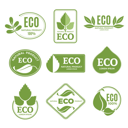 Labels or eco logo set with plants and green leafs. Vector icons isolate on white backgroundのイラスト素材