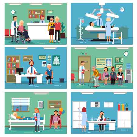 Medical personnel at work. Nurse doctor and patients in hospital interiors. Vector illustrationのイラスト素材