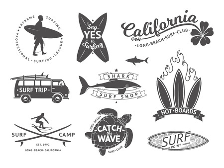 Surf boards emblem and badges vector set. Signs and elements for summer labels designのイラスト素材