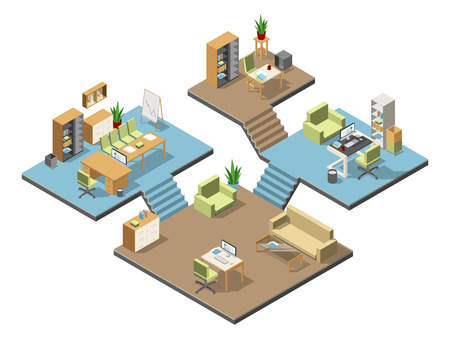 Different isometric modern offices with furniture. Several floors in business center. Vector illustration set.のイラスト素材