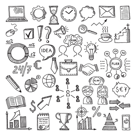 Hand drawn business icon set. Vector doodles illustrations isolate on white background.のイラスト素材