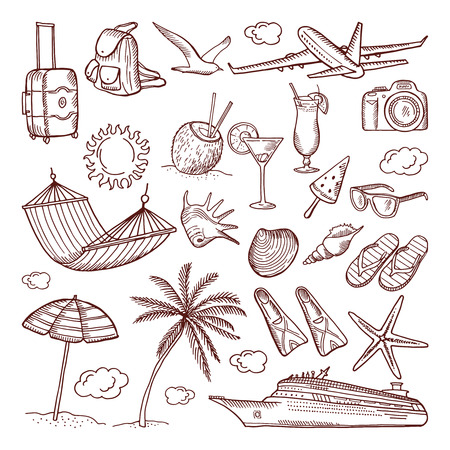 Summer time theme in hand drawn style. Vector doodles icon set.のイラスト素材
