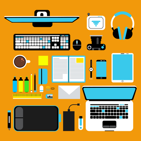 Computer gadgets top view. Vector promotional pictures set in flat style.のイラスト素材