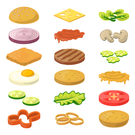 A Vector illustration of different burgers ingredients in cartoon style. Fast food pictures.のイラスト素材