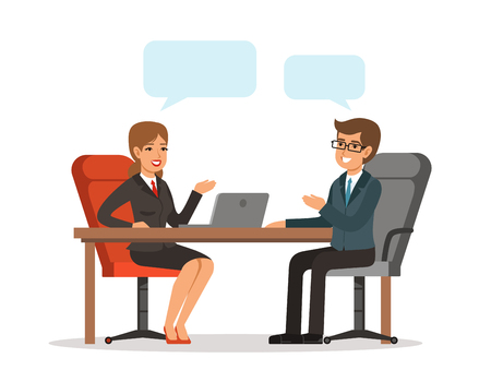 Business conversation. Man and woman at the table. Vector concept picture in cartoon style