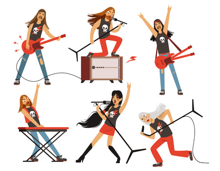 Guitar, amplifier and other music equipment. Rock or pop band characters. Vector illustrations setのイラスト素材