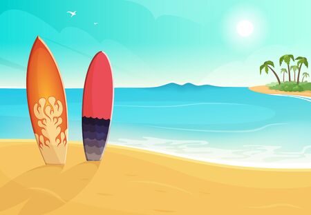 Surfboards in different colors. Sea and sand beach. Vector summer background illustrationのイラスト素材