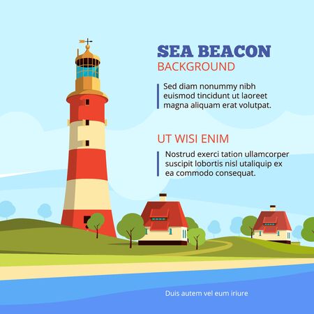 Rock stones island with lighthouse on it. Marine vector cartoon background illustrationのイラスト素材