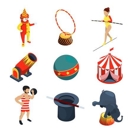 Circus icon set. People, animals, magician show clowns and other vector illustration in cartoon styleのイラスト素材