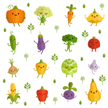 Vegetables characters with funny emotions. Vector illustration in comic styleのイラスト素材