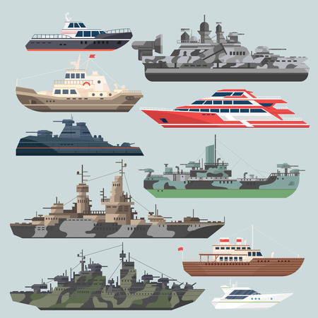 Passenger ships and battleships. Submarine destroyer in the sea. Water boats vector illustrations in flat styleのイラスト素材