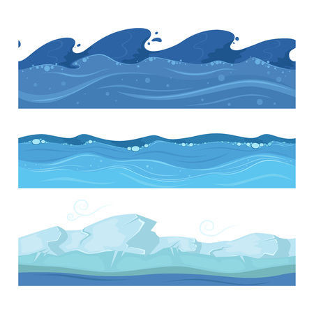 Ocean or sea water waves. Vector set of horisontal seamless patterns for ui gamesのイラスト素材