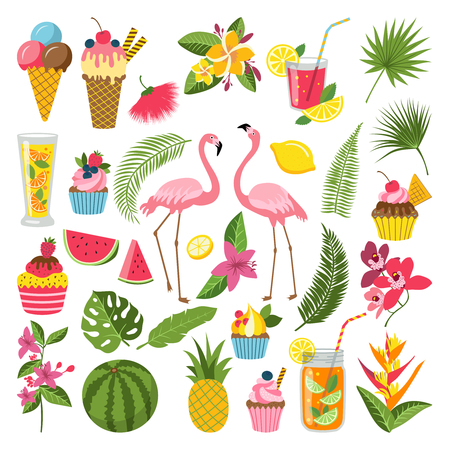 Summer time labels set for tropical party. Different icons in flat style. Drinks, watermelon, lemonade and flamingoのイラスト素材