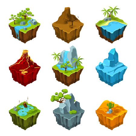Fantasy isometric islands with vulcans, different plants and rivers. Interface elements in cartoon style. Vector pictures for computer gamesのイラスト素材