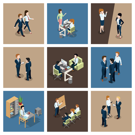 Different business situations in office. Businessman working with his team. Secretary at the table. Vector isometric illustrations setのイラスト素材