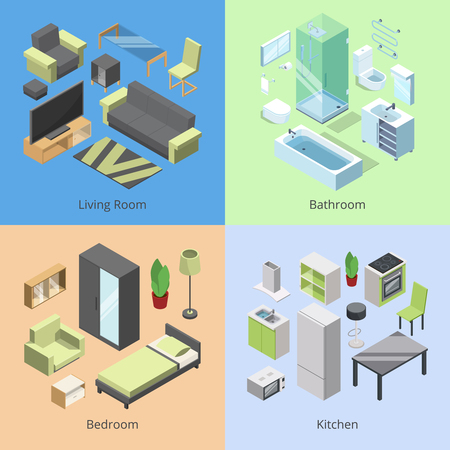 Set of different furniture elements for rooms in modern home. Vector isometric illustrations of kitchen, bedroom, living room, and bathroomのイラスト素材