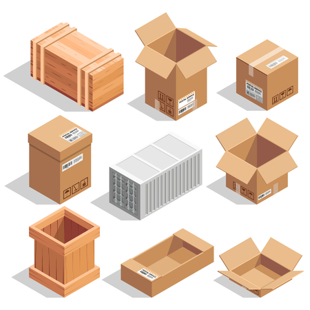 Different big delivery packages. Warehouse or shipping closed and opening boxes. Isometric vector illustrationsのイラスト素材