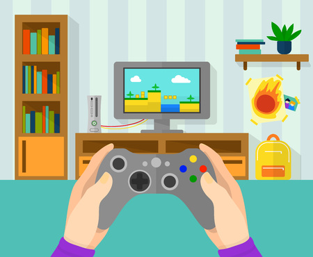 Interior of gamer room. Illustration of game controller in hands. Boy playing at video game on his consoleのイラスト素材