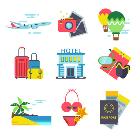 Travel time icon set in flat style. Vector signs of summer holidays. Sea, waves and other symbols of travelingのイラスト素材