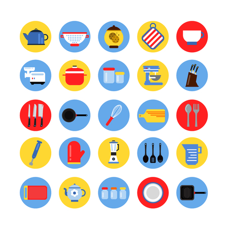 Round icon set of kitchen tools in colored circles Vector collectionのイラスト素材