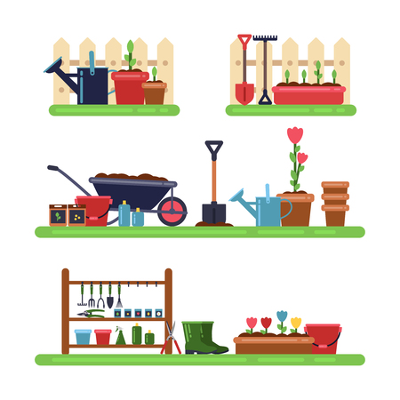 Gardens landscape with different furnitureのイラスト素材