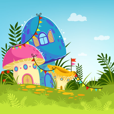 Forest landscape with trees and magic mushroomsのイラスト素材