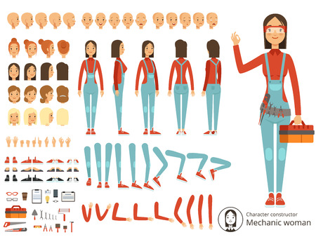 Big creation kit of girl mechanic in working clothes. Vector constructor with body partsのイラスト素材