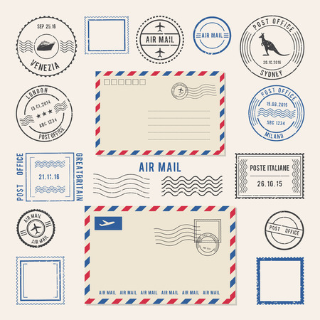 Vector illustrations of letters and postmarks, airmail designsのイラスト素材