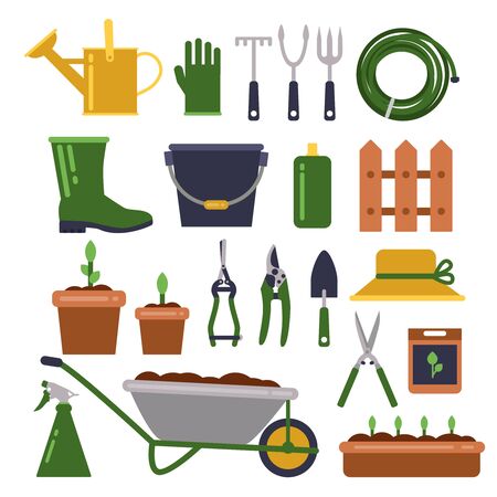 Different work tools for gardening Vector icons set in flat styleのイラスト素材