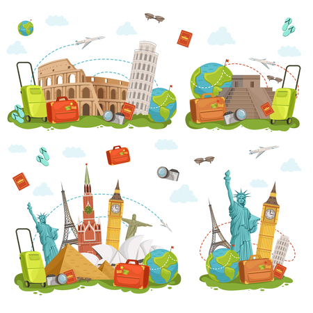 Travel icons and different landmarks. Famous world places isolate on white. Vector illustrations setのイラスト素材