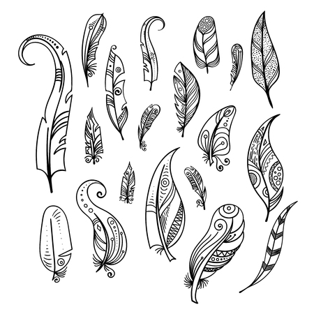 Bird feathers. Hand drawing indian elements set isolate on white. Boho styleのイラスト素材