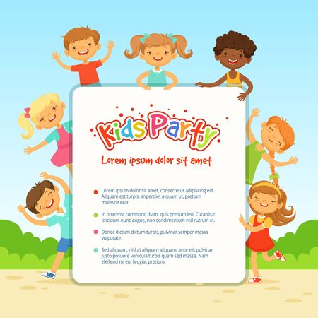 A Vector poster for children party. Funny different kids in active poses.のイラスト素材